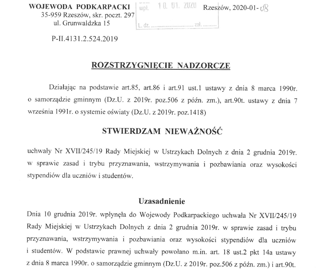 Uchwała Rady Miejskiej o stypendiach uchylona